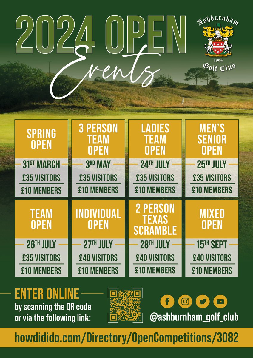 📣 2024 OPEN EVENTS  📣

Looking to play some competitive golf on one of the finest links golf courses in Wales?

We are now accepting online bookings for our 2024 Open Days.

Click on the link below to book👇🏽 

howdidido.com/Directory/Open…

#AshburnhamGC #OpenDays 🤝#GolfInWales
