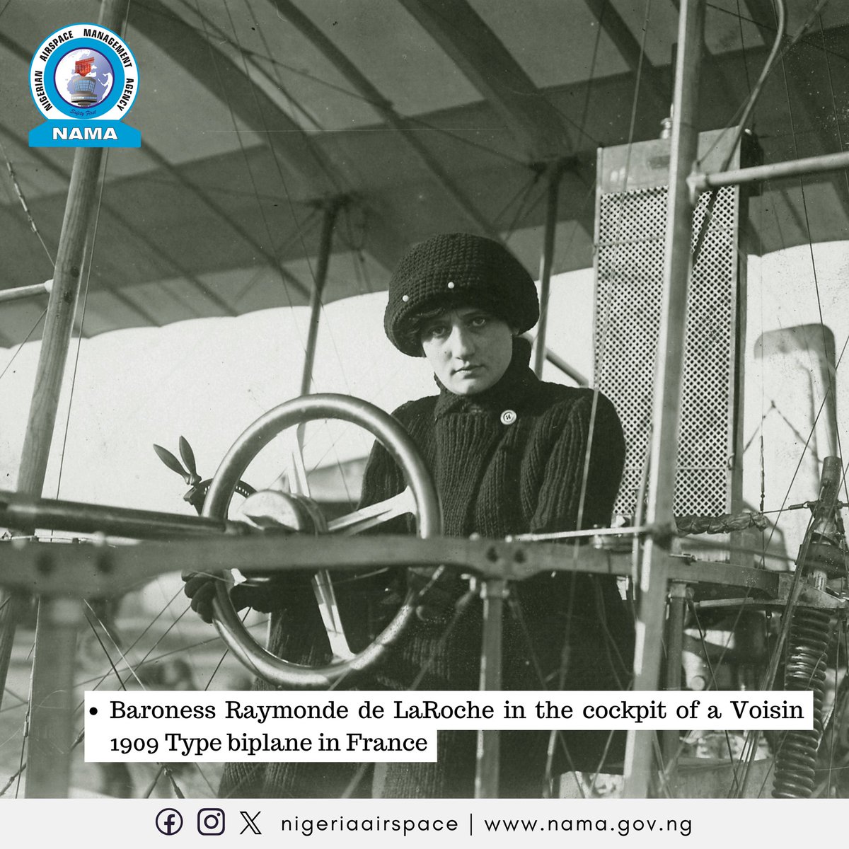 nigeriaairspace's tweet photo. In 1910, Baroness Raymonde de Laroche made history by becoming the first licensed woman pilot. Despite a crash setback, she soared to win the Femina Cup and later set a women's altitude record at 15,700 feet in 1919.
#NAMA #SafetyFirst #FirstWomanPilot #ThrowbackThursday https://t.co/1INyeTUVkp
