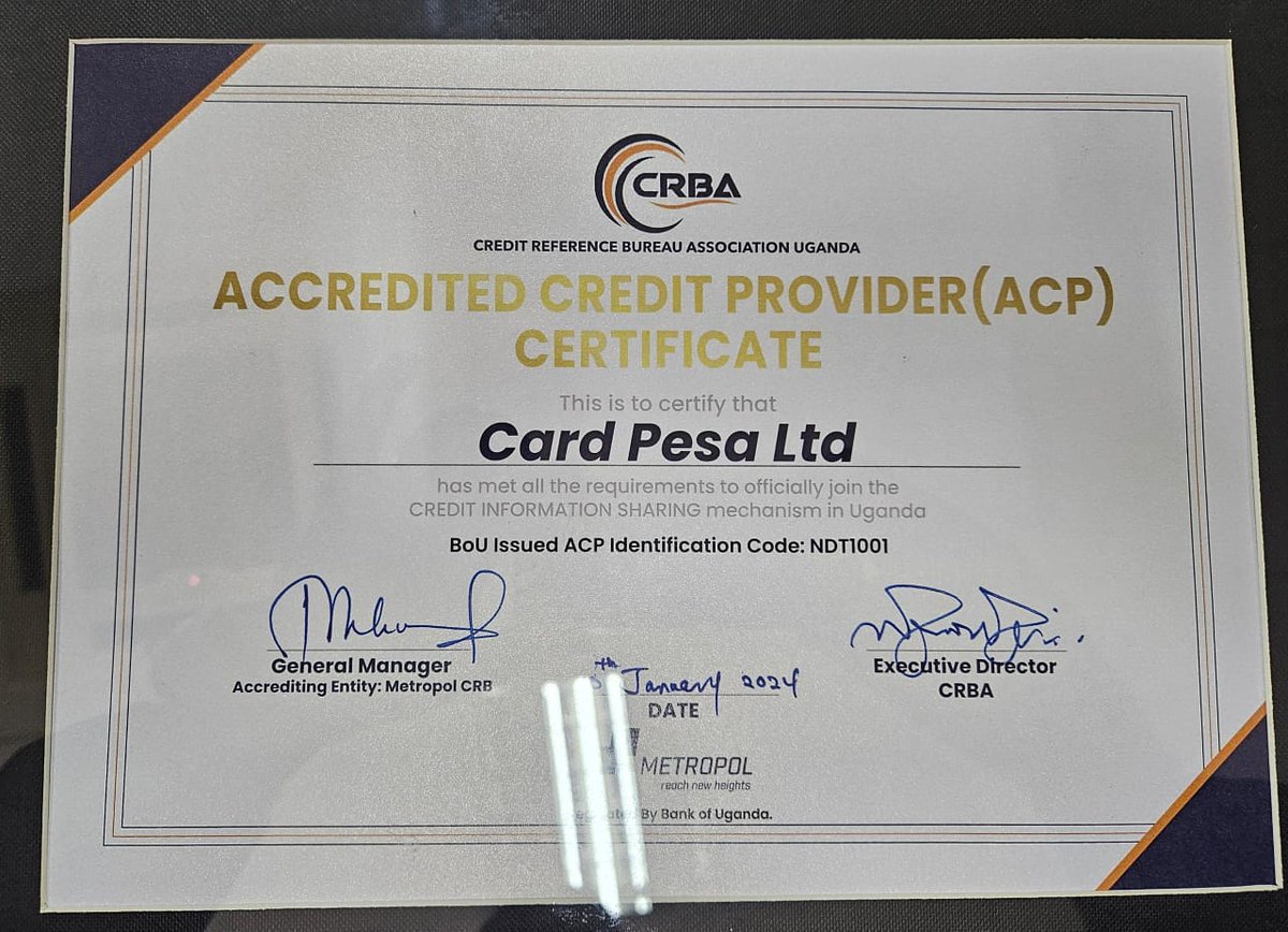 CardPesa's tweet photo. Another Accreditation https://t.co/5AMEm9rd6V