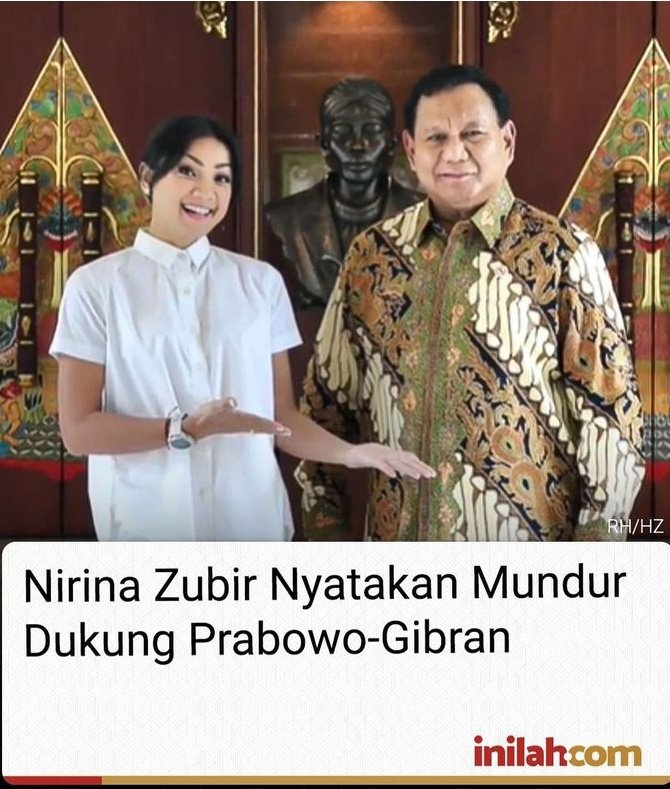 Kabar mengejutkan datang dari Nirina Zubir yang dengan berat hati menyatakan mundur dari menyuarakan dukungannya kepada pasangan calon (paslon) capres dan cawapres dalam perhelatan Pemilu 2024.
