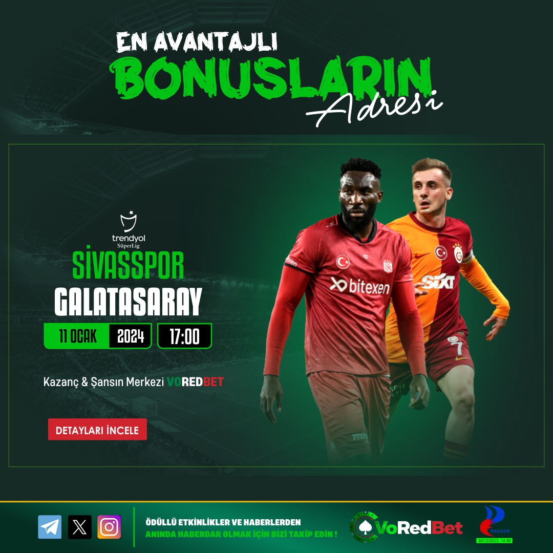 📣#Voredbet'te günün maçına oyna #muhteşem oranlarla sen de kazanma şansı yakala!

⚽Günün Maçı #Sivasspor vs #Galatasaray

🎁#freebetler ve 7/24 #güvenilir #hızlı #çekim garantisi;

📲vored.vip

#voredbet #günün #maçı #canlı #casino #bahis #slot #yüksek #oran