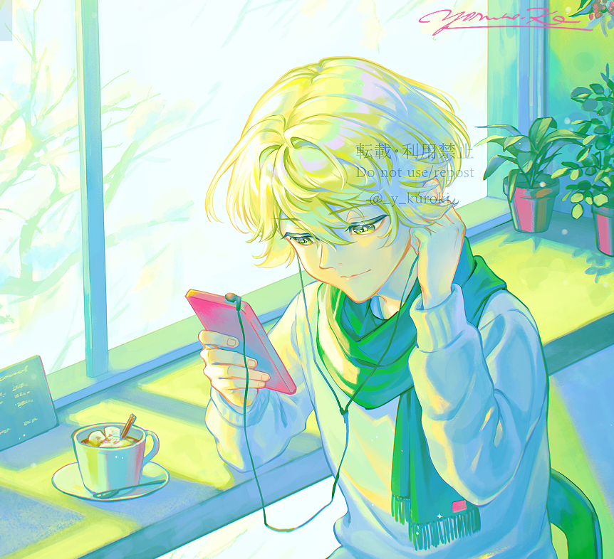 phone 1boy solo male focus scarf holding blonde hair  illustration images