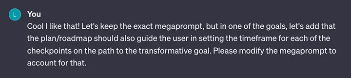 I made ChatGPT to write (MEGA)prompts for me

The best part is it's crazy simple. 

No more wondering: How should I create this prompt?

Here's a strategy to automate the rest of your ChatGPT prompts:

Metaprompt vs Megaprompt

They both sound similar but are, in fact, quite