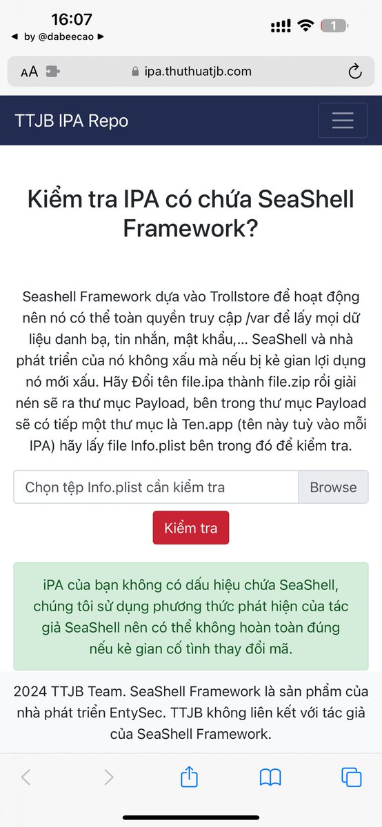 thuthuatjb's tweet photo. You can check whether your IPA uses the SeaShell Framework or not by using the following website: https://t.co/tlOzmJONPL
Remember to follow the instructions on the website. https://t.co/uXY0oMYfsl