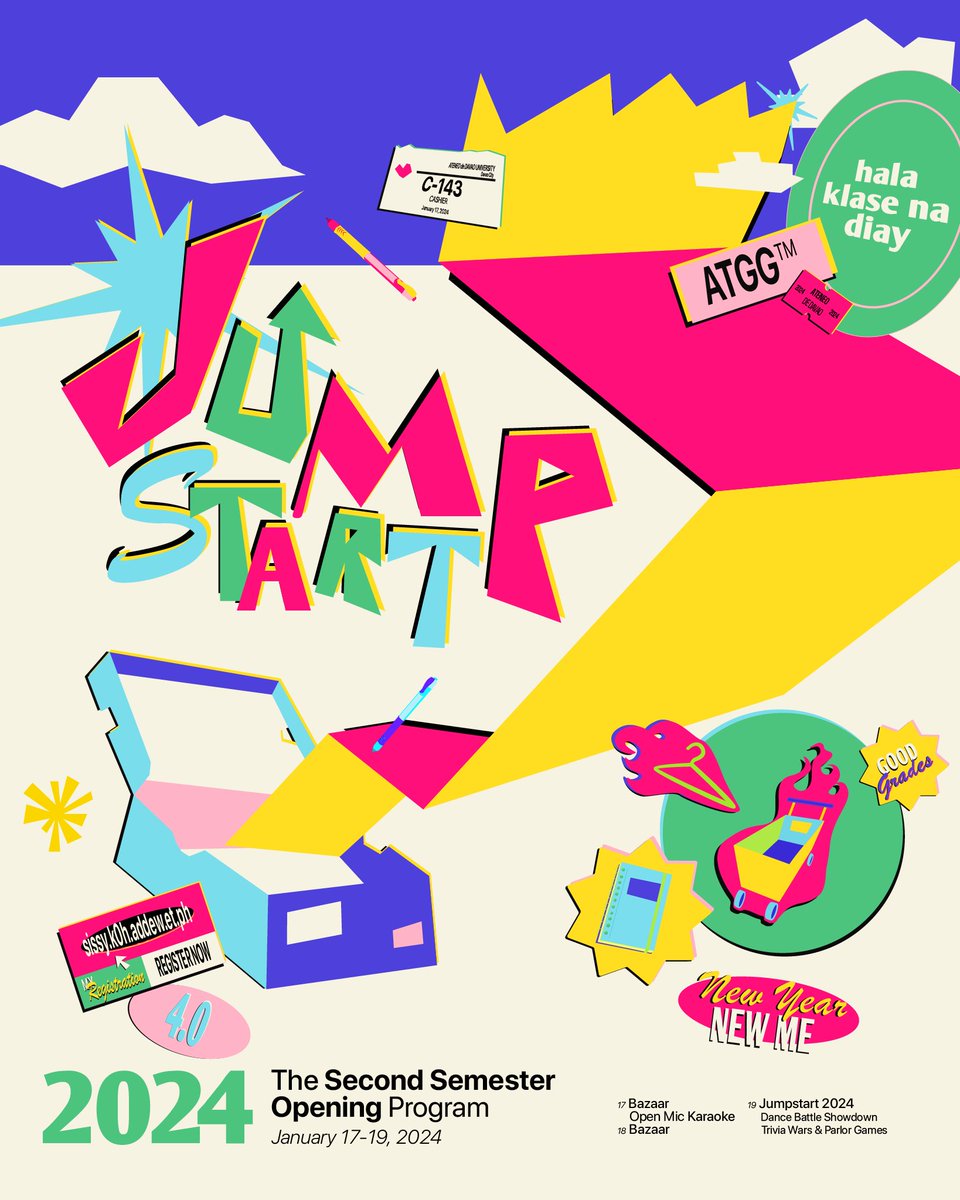 addusamahan's tweet photo. Buckle up to enjoy the festive, inclusive, and exciting surprises awaiting you as we dive into a new academic semester #AtTheGetGo↗️.
Ateneans, join us for #Jumpstart2024💥: The Ateneo 2nd Semester Opener Program, and #AdDUToCart🛒 Bazaar Year 3 from January 17 to 19, 2024! ✨ https://t.co/m7mX5YZjTk