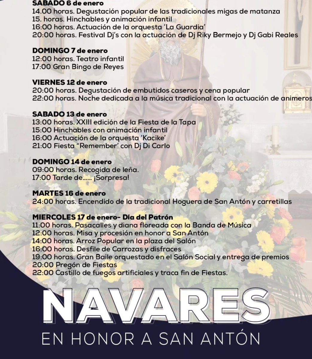 AytodeCaravaca's tweet photo. 🎉 Durante este mes de enero varias pedanías celebran sus fiestas patronales
Os invitamos a disfrutar de las actividades programadas con motivo de las Fiestas de la Candelaria de #Barranda y de las Fiestas de San Antón de #Navares, La #Almudema y #Benablón. https://t.co/IlX6jc3Xmv