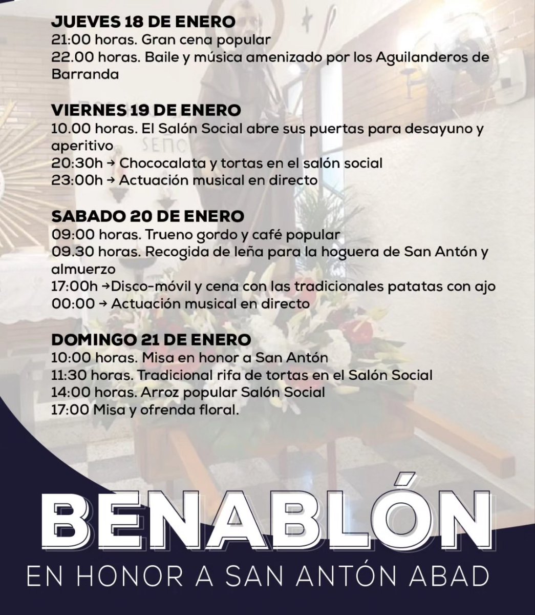 AytodeCaravaca's tweet photo. 🎉 Durante este mes de enero varias pedanías celebran sus fiestas patronales
Os invitamos a disfrutar de las actividades programadas con motivo de las Fiestas de la Candelaria de #Barranda y de las Fiestas de San Antón de #Navares, La #Almudema y #Benablón. https://t.co/IlX6jc3Xmv