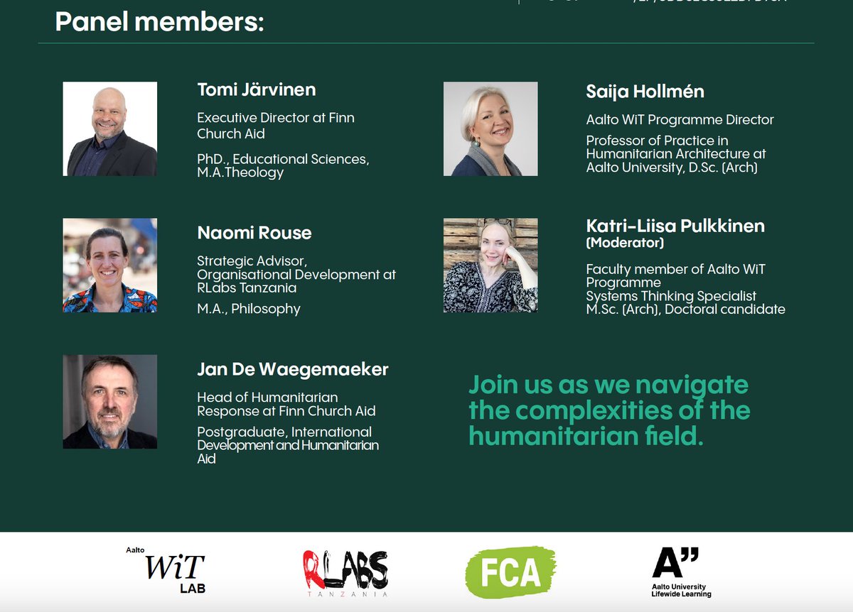 Ulkomaanapu's tweet photo. Toiminnanjohtajamme Tomi Järvinen ja humanitaarisen avun päällikkömme Jan De Waegemaeker ovat tänään kello 15 mukana @AaltoUniversity
järjestämässä paneelissa.
https://t.co/3siQ6obtnF
#WiTProgramme #WiTLAB #HumanitarianArchitecture https://t.co/tO8chM2yn7