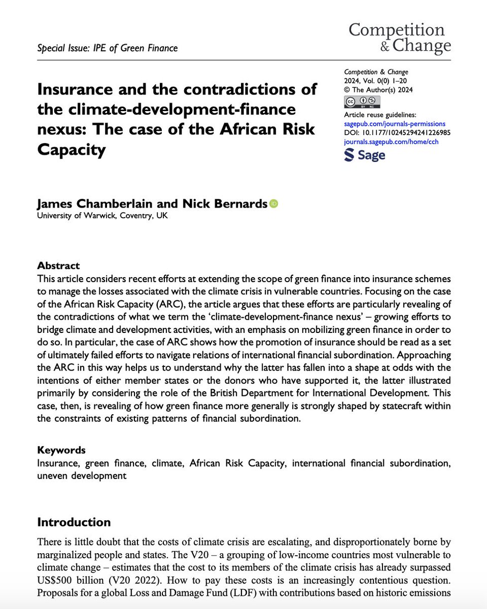 New article! In @CompChange, James Chamberlain and I trace the contradictions of insurance-based responses to climate risks by looking at the African Risk Capacity. We show how ARC has been shaped and limited by relations of financial subordination. journals.sagepub.com/doi/10.1177/10…