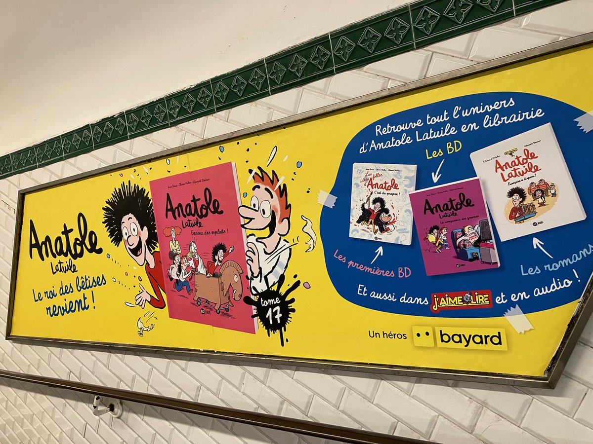 AnimLabel's tweet photo. 👏Bravo à BAYARD qui publie le nouvel album d’ANATOLE LATUILE !👏 Le tome 17 des aventures du cancre magnifique s’affiche dans le métro parisien. Et la série d’animation toujours sur France 4 et sur Okoo... https://t.co/JQcoc3G6Wq