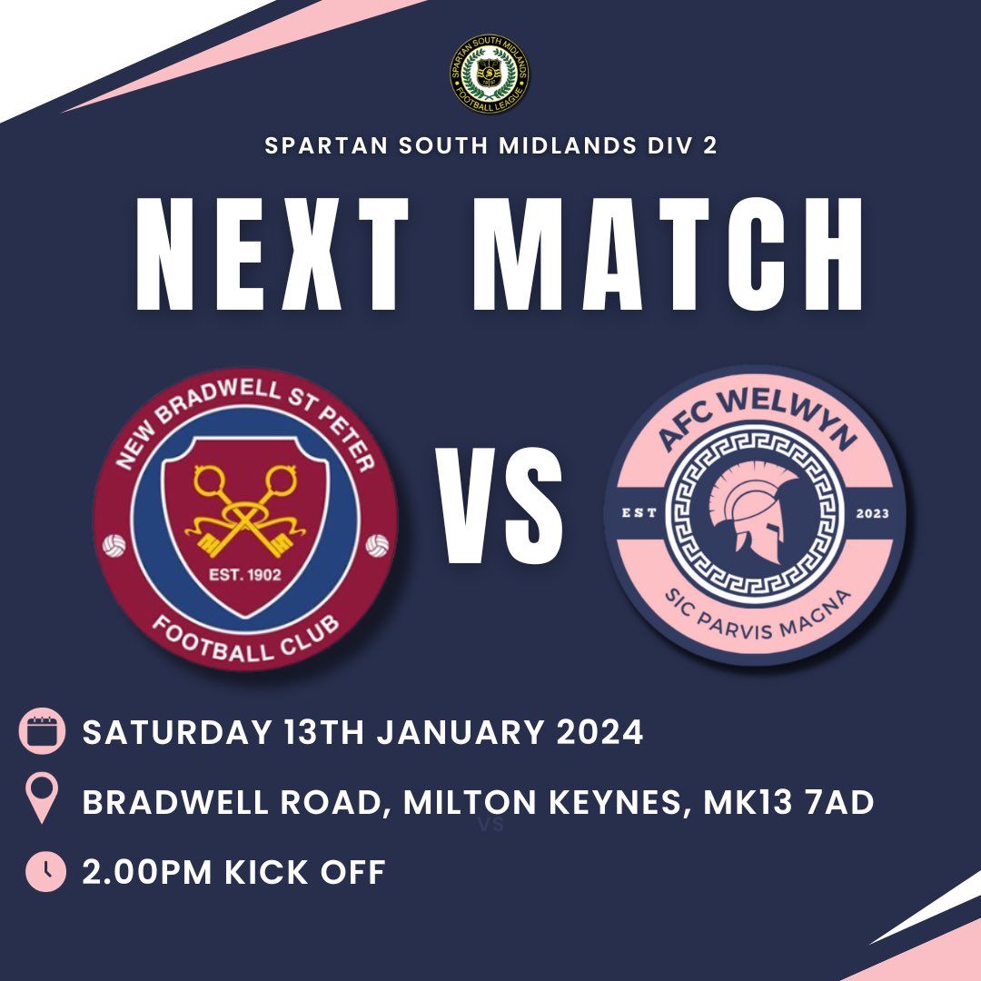 NEXT MATCH 🥶 🆚 @NewBradwellSPFC ⏰ 2.00pm kick off 🗓️ 13th January 2024 📍 MK13 7AD #uptheromans 💪