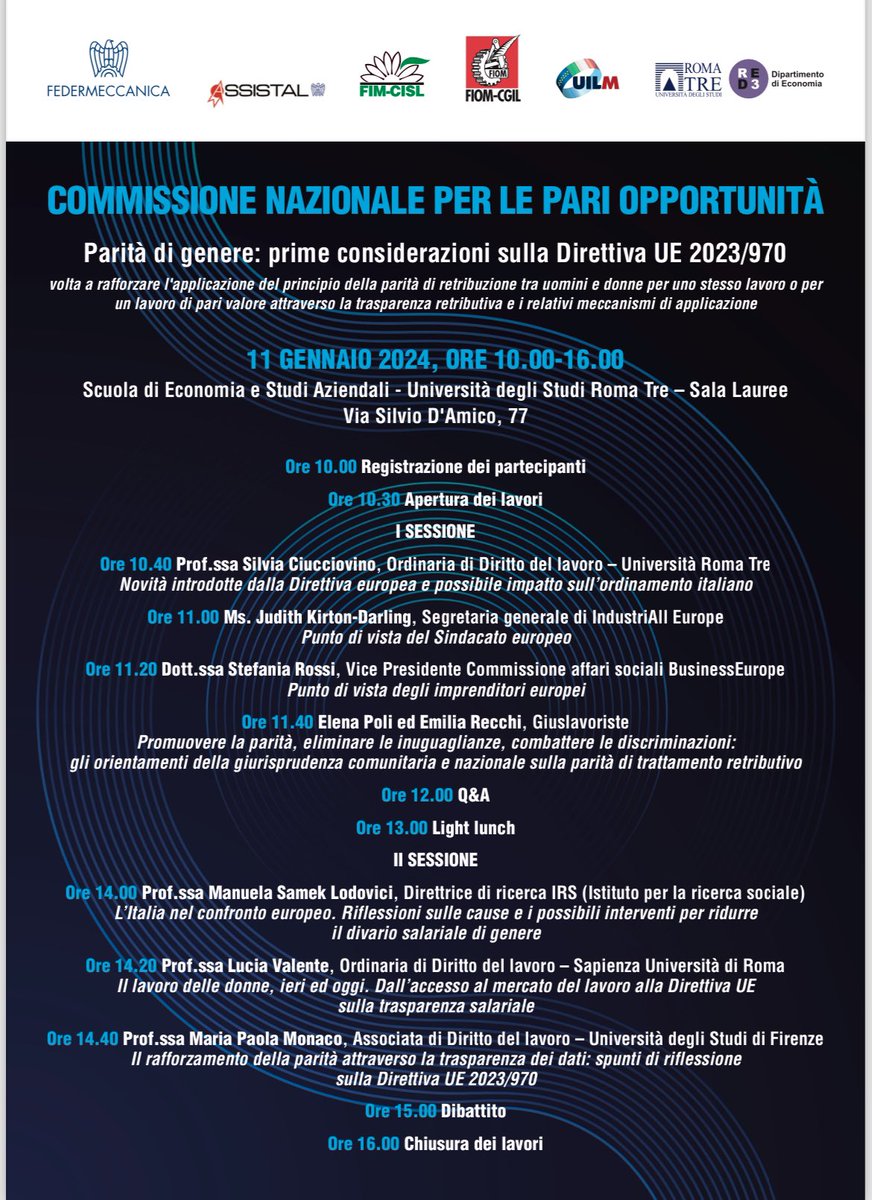 Tra poco all’Università RomaTre, la Commissione nazionale per le pari opportunità di #FIM, FIOM UILM, FEDERMECCANICA E ASSISTAL 👉 Parità di genere: prime considerazioni sulla Direttiva UE 2023/970