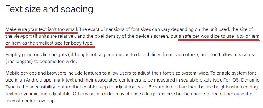 Dejo esto por aquí porque hace tiempo lo leí y no encontraba dónde. Y me gusta documentar mis afirmaciones a los clientes.

Intenta que los textos de tu web sean de 16px mínimo.

Por accesibilidad.

Google lo recomienda en este artículo de Google Fonts:

➡️