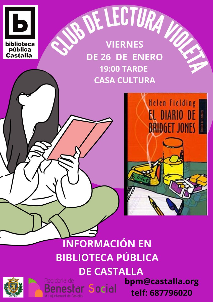 ✅ La Biblioteca Pública de #Castalla acoge una nueva edición del Club de Lectura 📚Violeta el viernes 26 de enero a las 19.00 horas en la Casa de Cultura.

El título a tratar es 'El diario de Bridget Jones'.