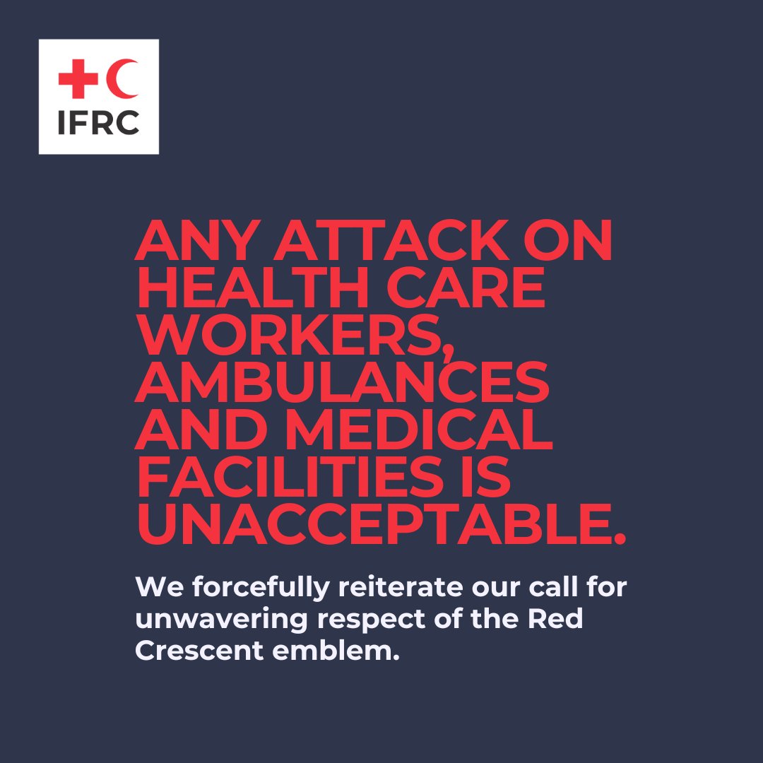 ifrc's tweet photo. We forcefully reiterate our call for unwavering respect for the Red Crescent emblem and the crucial humanitarian services it represents.

Protection of patients and @PalestineRCS health care workers is not negotiable. #NotATarget #IHL 

Full statement: https://t.co/RVivwaqZEa https://t.co/h3WwP07ZEc