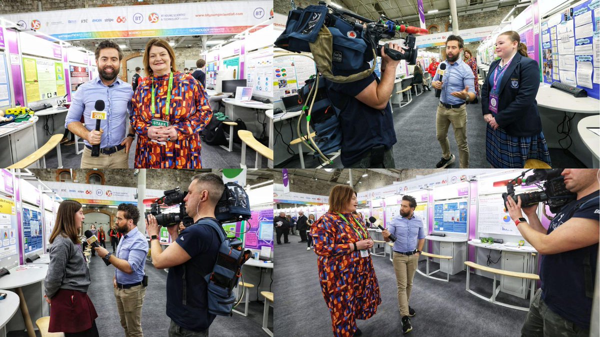 StripeYSTE's tweet photo. A busy start to day 2 of the BT Young Scientist &amp; Technology Exhibition (BTYSTE) as @Deric_tv from Ireland am chatting to Mari Cahalane, Head of BTYSTE and our incredible stars of the show...the students. 

#BTYSTE2024 #BTYSTE https://t.co/SJgBvrh4F8