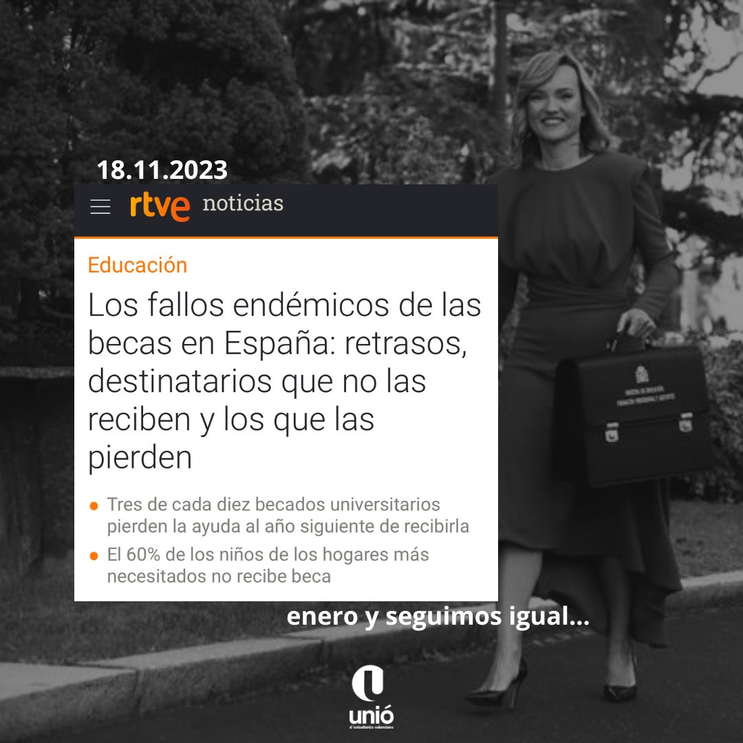 Unio_EV's tweet photo. ‼️📢Estamos en enero y el Ministerio de Educación no ha resuelto ni pagado aún a muchos estudiantes la beca MEC del curso 23-24.

Condenamos rotundamente esta situación y exigimos que se tomen medidas inmediatas.

Sra. Ministra de Educación Pilar Alegría, NO NOS ABANDONE. https://t.co/Ugm6HFvSVB