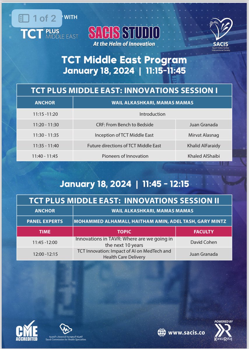 Tct Middle East program @SACIS_KSA out, only a week to go! Fasten your seatbelts ladies and gentlemen, we're in for a ride - I will also be interviewing key opinion leaders for @TCTMD @mirvatalasnag @drptca @kfaraidy @AlkashkariWail @KardiologieHH @Hragy @alaide_chief…