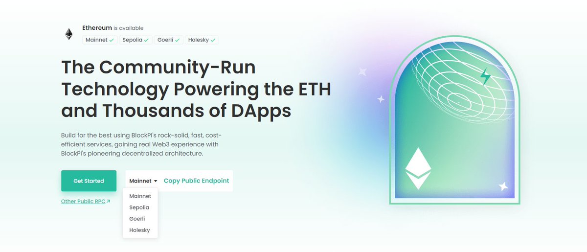 Build for the best using BlockPI's rock-solid, fast, cost-efficient services, gaining real Web3 experience with BlockPI's pioneering decentralized architecture.
#eth #Sepolia #Holesky #Goeril 
blockpi.io/ethereum