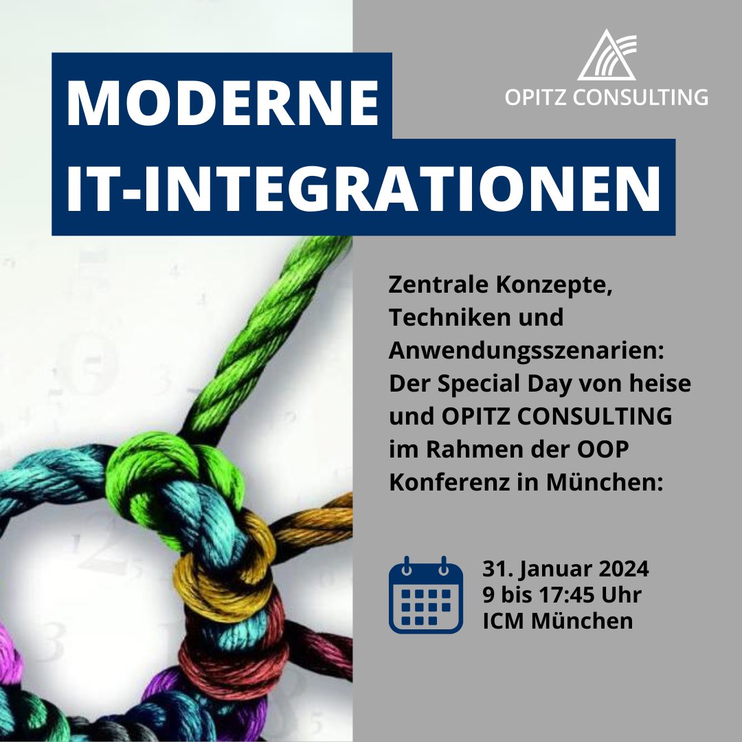 Wie geht moderne IT-#Integration? ⚙️🚀 Im Rahmen der OOP in München widmen wir uns diesem spannenden Thema gemeinsam mit der @_heise_ academy. Zur kostenfreien Anmeldung geht es hier entlang: opitz-consulting.com/events/moderne…