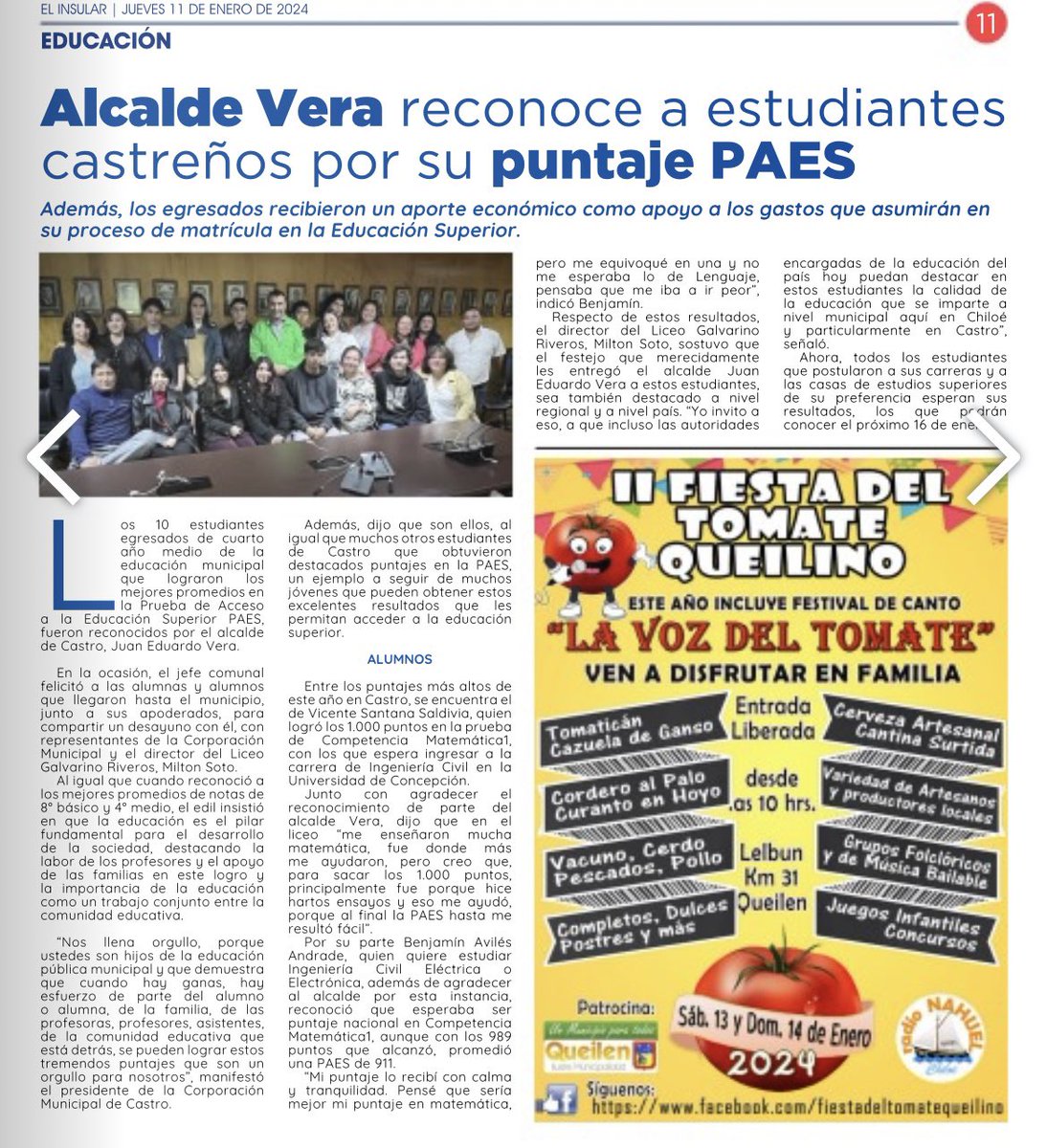 Corpocas's tweet photo. #PRENSA| 🗞️ En su edición de jueves, el periódico #ElInsular, consigna el reconocimiento que el alcalde Juan Eduardo Vera y nuestra Corporación Municipal hicieron a los 10 mejores promedios #PAES. https://t.co/38nDVvSCKK