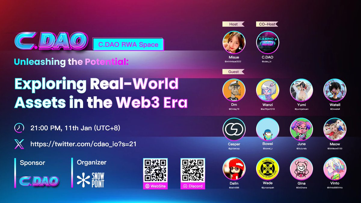 今晚9点钟 (UTC+8) 与大家一起探讨
《CDAO：发掘RWA的潜能》✨

🧧参与AMA总奖励 5000 $xmcd &amp; 100 $USDT 空投 &amp; Cdao WL x5等你来赢取！

1️⃣关注<a href="/cdao_io/">C.DAO</a> 
2️⃣点赞 &amp; 转发此帖子
3️⃣点击评论区AMA链接 set reminder

我们不见不散🫡