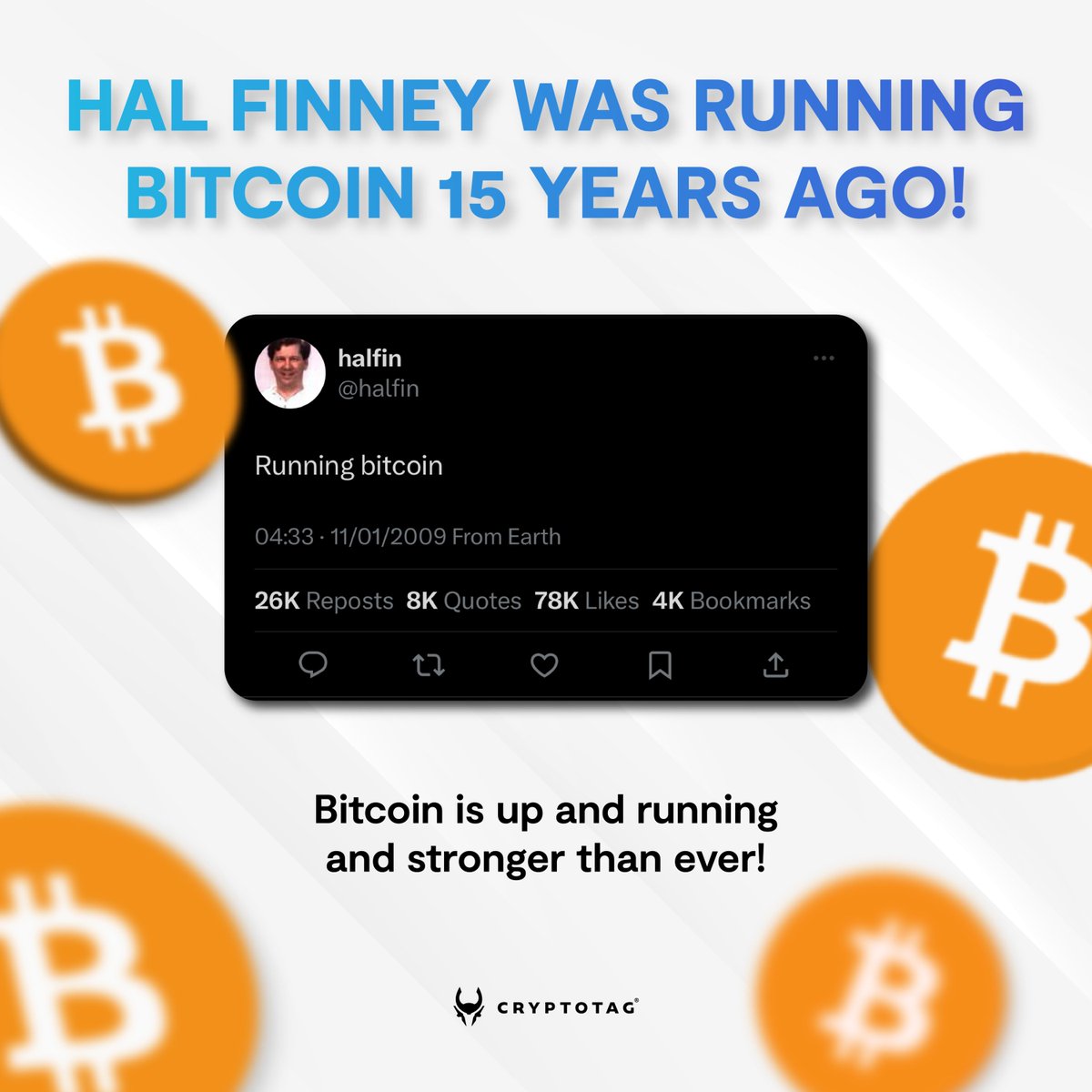Hal Finney was front-running institutions all this time 🤯 On this day, 15  years ago, Hal Finney posted the first tweet about #bitcoin. Hal Finney was  a believer that Bitcoin could once