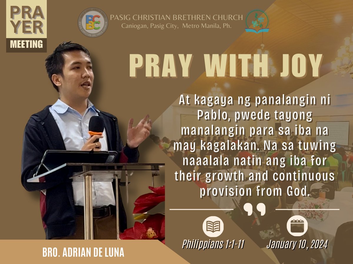 Pasig_PBC's tweet photo. Prayer Meeting | January 10, 2023
๐ ๐๐๐ผ๐ ๐๐๐๐ ๐
๐๐
Philippians 1:1-11
Speaker: Bro. Adrian De Luna
๐๐๐ญ๐๐ก ๐ญ๐ก๐ ๐๐ฎ๐ฅ๐ฅ ๐ฏ๐ข๐๐๐จ ๐ก๐๐ซ๐: https://t.co/0LgLCQmi3B
#PCBC #pasigCBC #PrayWithJoy #PrayAlways #Philippians1 #Christianity #Jesus #Christ #PBCi https://t.co/NojioXJOMe