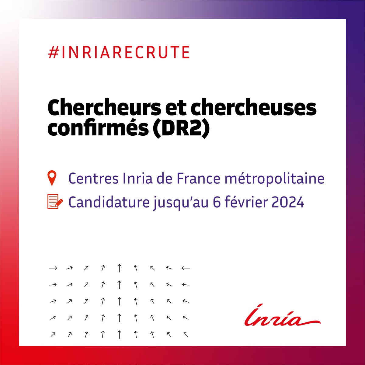 Inria's tweet photo. [#recrutement] Inria recrute des chercheurs et chercheuses confirmés (directeurs et directrices de #recherche de 2e classe) dans différents centres @Inria, partout en France. 👥

➕Postulez jusqu'au 6 février 2024 (voir 2ème partie de page) : https://t.co/KzscXhn1xH https://t.co/kjYHi2u5if