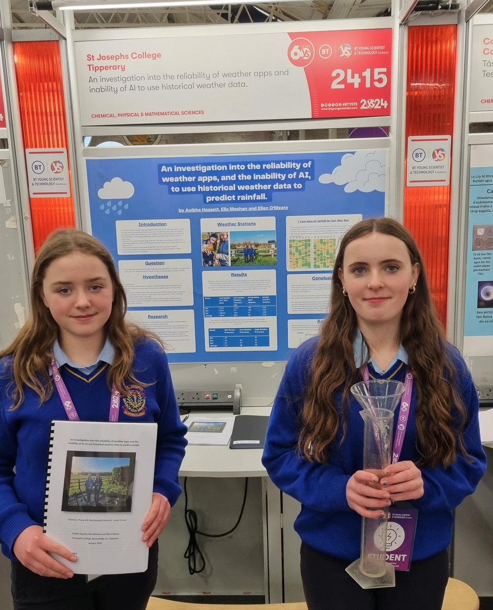 Aoibhe and Ella all set up with their @BTYSTE project  - An investigation into the reliability of weather apps and in the inability of AI to use historical weather data to predict rainfall. @MetEireann @WeatherRTE @CarlowWeather