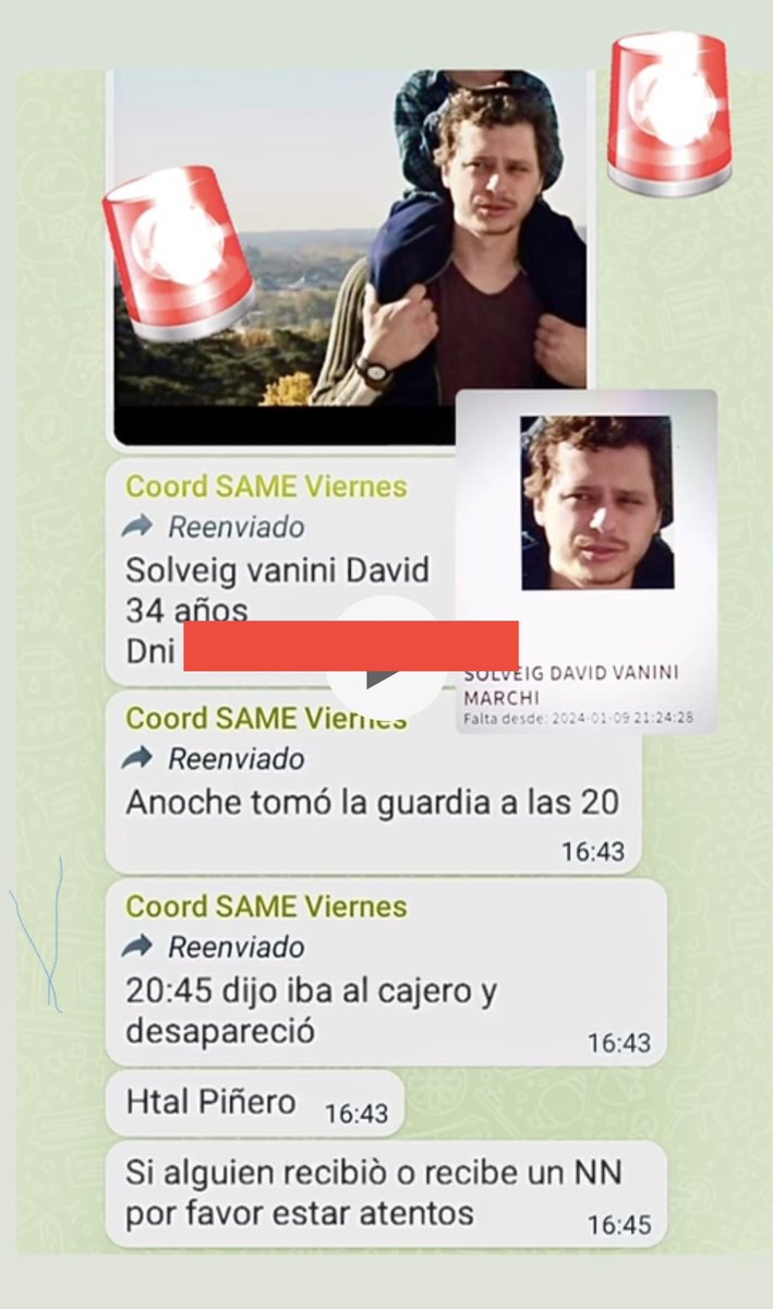 ¡Difundan! 🙏 

David Solveig, 34 años, es un médico que había tomado una guardia en el Htal Piñero a las 20 hs del viernes 5 de enero de 2024. A las 20:45, aproximadamente, se dirigió a un cajero a retirar dinero, y a partir de ahí no volvió a aparecer, aún habiendo dejado su