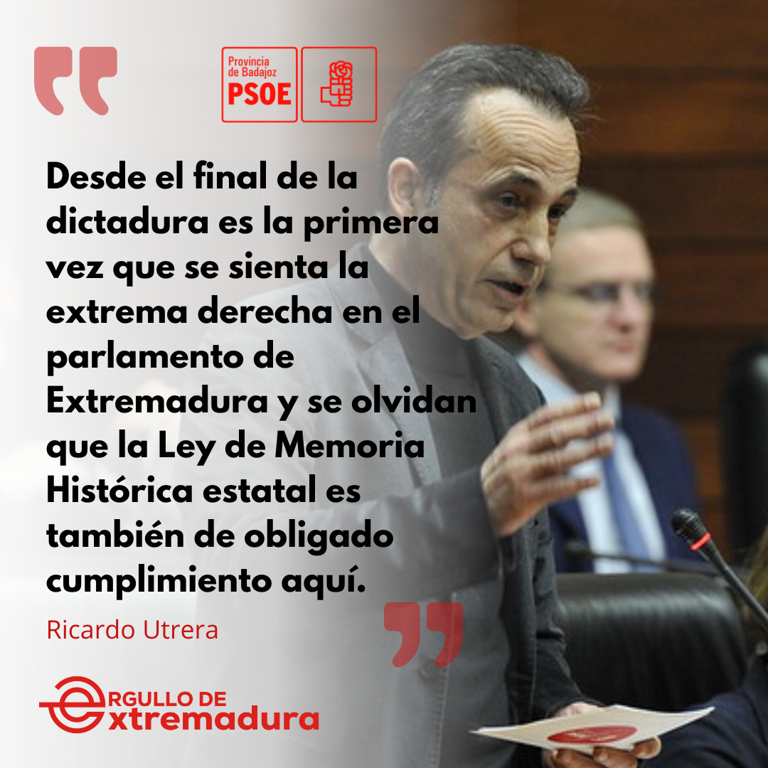 PsoeBadajozCEP's tweet photo. 🔴Desde el final de la dictadura es la primera vez que se sienta la extrema derecha en el parlamento de Extremadura y se olvidan que la Ley de Memoria Histórica estatal es también de obligado cumplimiento aquí.

🗣️ @ricardoutrera 

#Pleno15🏛️ https://t.co/jiiF3pdYvd