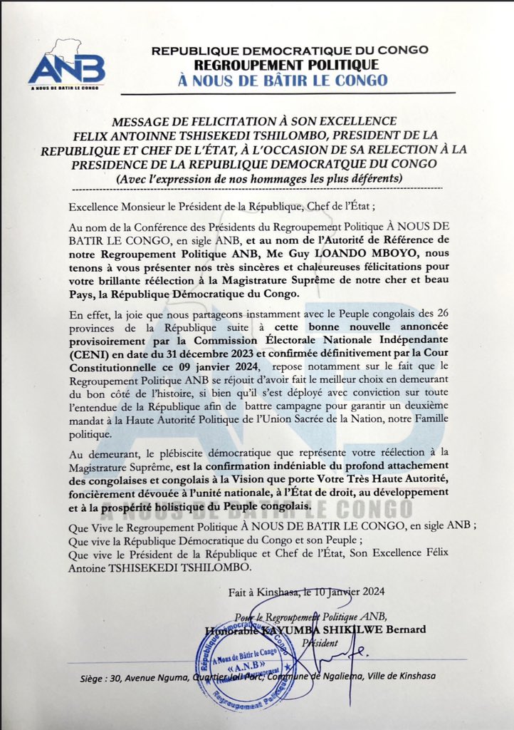 #Message de félicitations de #ANB à SEM <a href="/fatshi13/">Félix A. Tshisekedi</a> pour sa réélection à la tête de la République.