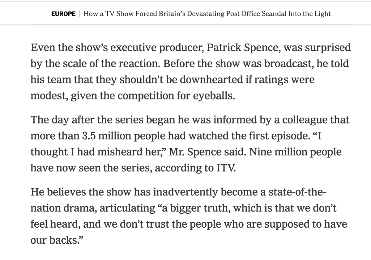 The exec producer of Mr Bates vs The Post Office told his team before broadcast not to be downhearted if ratings were modest, given the competition. The next day he heard 3.5 million had watched Episode 1. Love this anecdote from @_StephenCastle's story: nytimes.com/2024/01/10/wor…