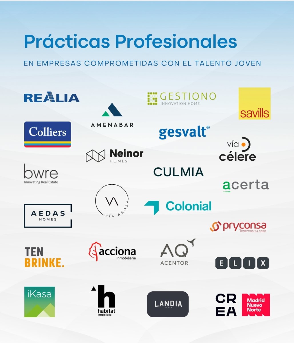 Ha comenzado el período formativo práctico de los estudiantes de Grado Inmobiliario en empresas comprometidas con la formación y desarrollo del talento. 🏆👇

Los jóvenes llevarán a cabo sus #PrácticasProfesionales en estas empresas desde enero hasta julio de 2024.