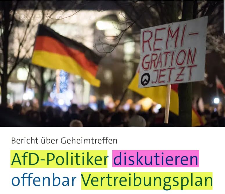 Wieso „Vertreibungsplan“? Was ist das für ein selten dämliches Framing?
Es geht darum, Sozialschmarotzer Kriminelle und alle sonstigen, die klein Bleiberecht haben, endlich wieder nach Hause zu schicken. Wo ist das Problem?

#Remigration