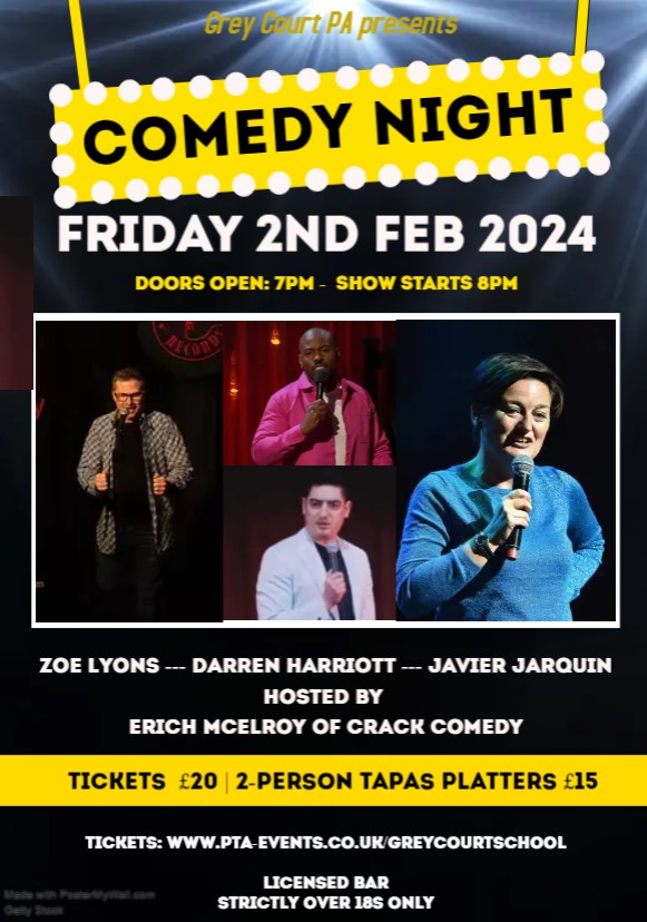 It's Back! Friday 2nd Feb sees the much anticipated return of the @greycourtpa Comedy Night. Tickets on sale now. pta-events.co.uk/greycourtschool Strictly over 18s only