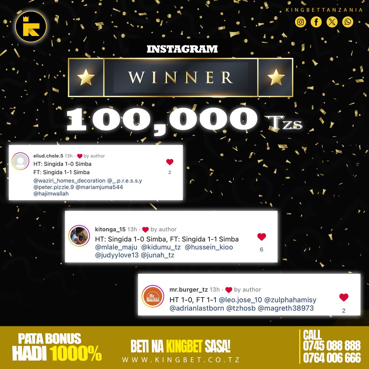 Kingbet166166's tweet photo. Hongereni washindi wetu wote 🥳✅👇🏾
Tumepata washindi watatu 🥳🙌🏾 ..kila mtu kapata 33000 tsh
Washindi wasipo timia 5 basi ushindi utagawiwa kwa washindi waliopo 🫱🏾🫲🏽✅
Hao ndio walio shinda kutabili mechi ya #singidafc vs #simbasc 🥳✅
USIKOSE TABIRI ZIJAZO 🚀🔥 https://t.co/zvKjcCIHi3