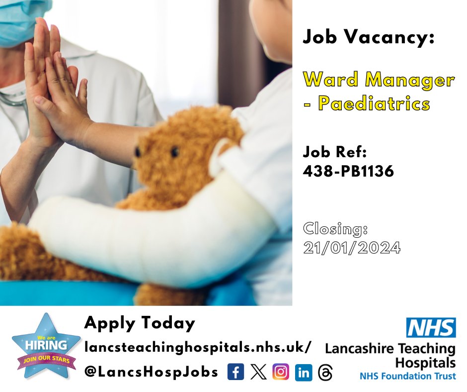 Job Vacancy: Ward Manager - #Paediatrics @LancsHospitals 

⏰Closes: 21/01/24

Read more and apply: lancsteachinghospitals.nhs.uk/join-our-workf…

#WardManager #band7 #Paeds #NHS #NHSjobs #lancashire @JoConnolly_ @LancsHospPaeds #Lancashire #Preston
