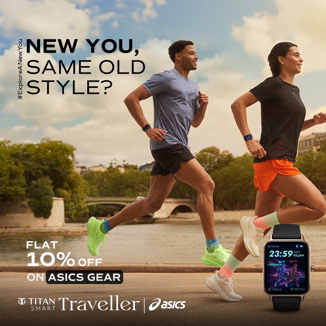 Going on a journey to #ExploreANewYou gets better with head-turning sports accessories. Get Flat 10% off on all Asics gear across stores with your purchase of Titan Traveller. @ASICS_India #TitanSmart #TitanTraveller #Asics