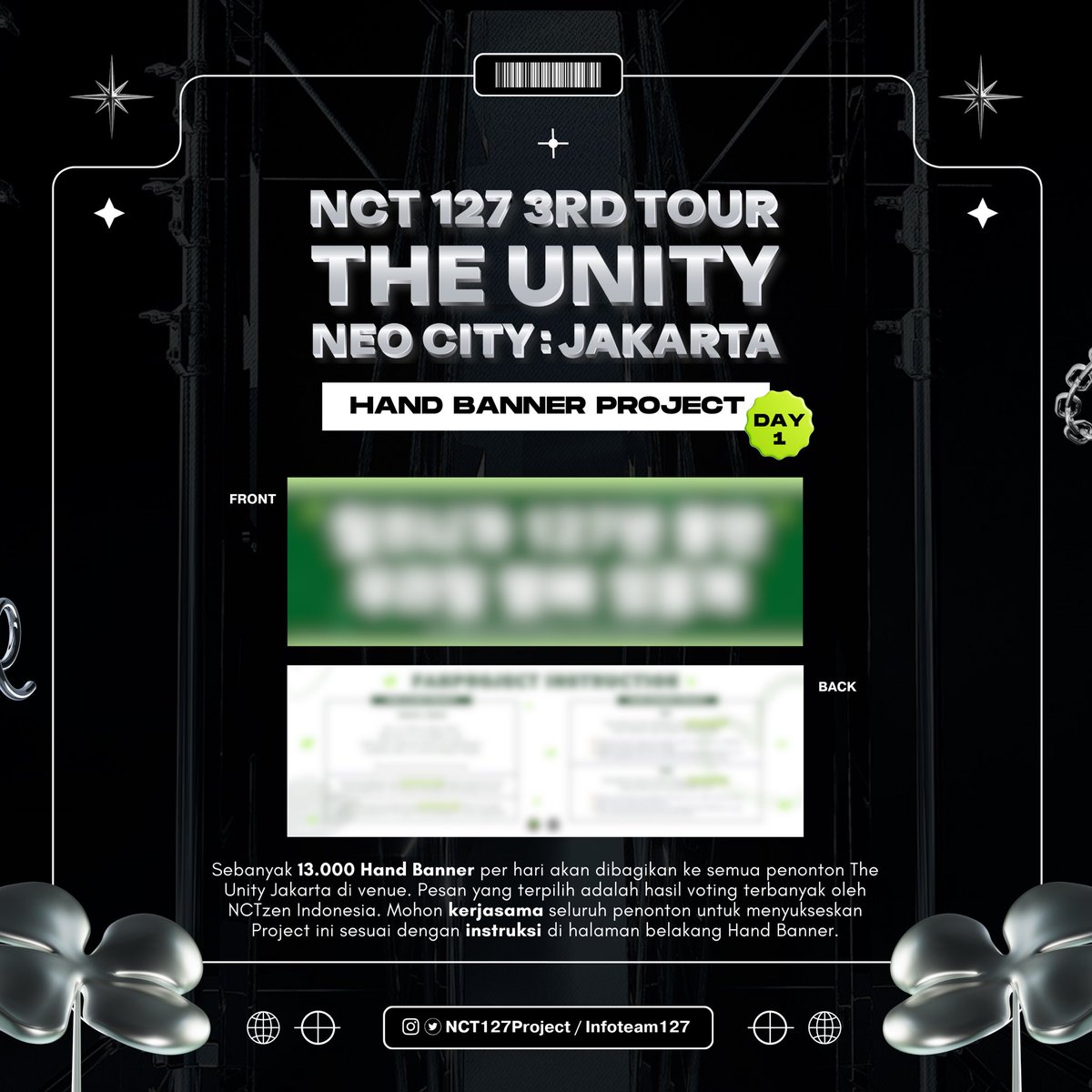 NCT127Project's tweet image. ✨THE UNITY JAKARTA - HAND BANNER PROJECT✨

1st Main Project is Hand Banner🔥

Total 26.000 Hand Banner akan dibagikan ke semua NCTzen yang hadir untuk menonton. Dimohon kekompakannya untuk mengikuti arahan sesuai instruksi ya sijeuni~💚

#NCT127 #NEOCITY_THE_UNITY_JAKARTA