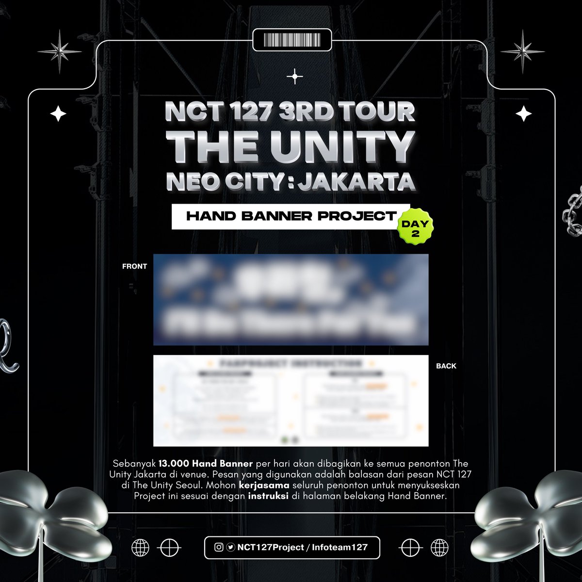 NCT127Project's tweet image. ✨THE UNITY JAKARTA - HAND BANNER PROJECT✨

1st Main Project is Hand Banner🔥

Total 26.000 Hand Banner akan dibagikan ke semua NCTzen yang hadir untuk menonton. Dimohon kekompakannya untuk mengikuti arahan sesuai instruksi ya sijeuni~💚

#NCT127 #NEOCITY_THE_UNITY_JAKARTA