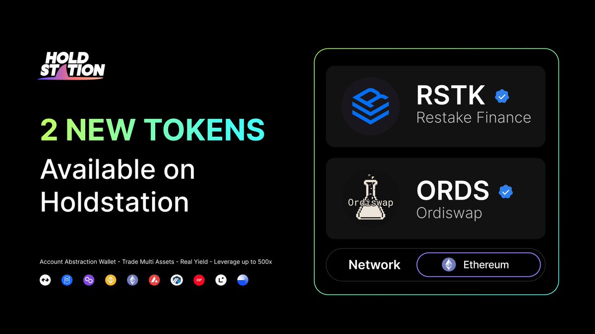 HoldstationW's tweet photo. 🔔 New Verified Tokens!

#Holdstation Wallet just verified 2 hot tokens 🔥
✪ $RSTK - @restakefi
✪ $ORDS - @OrdiswapLabs

🛡 Swap your verified tokens securely and effortlessly with us https://t.co/B6I2ozW0X8