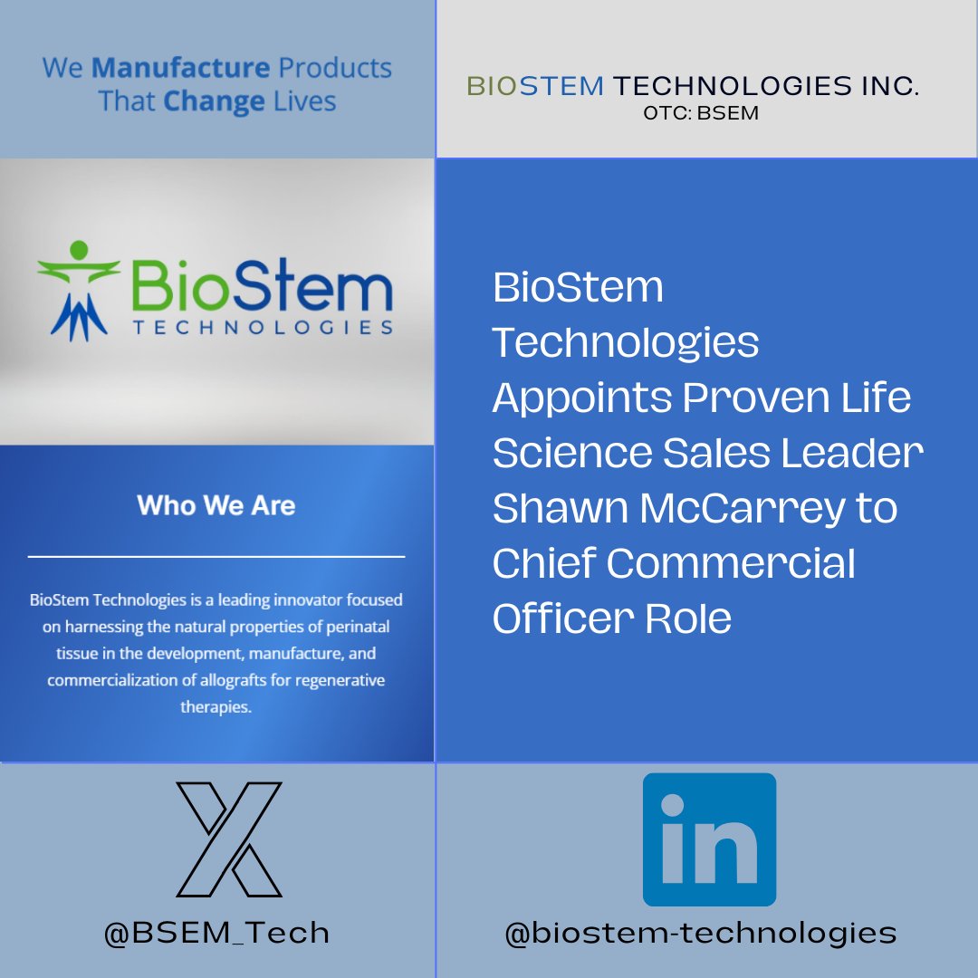 prism_mediawire's tweet photo. $BSEM @BSEM_Tech BioStem Technologies Appoints Proven Life Science Sales Leader Shawn McCarrey to Chief Commercial Officer Role - Press Release: https://t.co/nr8T4u842E Journalists: https://t.co/NJdvVpOPua #OTC #OTCMarkets #StockMarket #BSEM #BioStem #Woundcare #Healthcare #Biotechnology #PrismMediaWire #PrismMarketView #PrismDigitalMedia @PrismDM