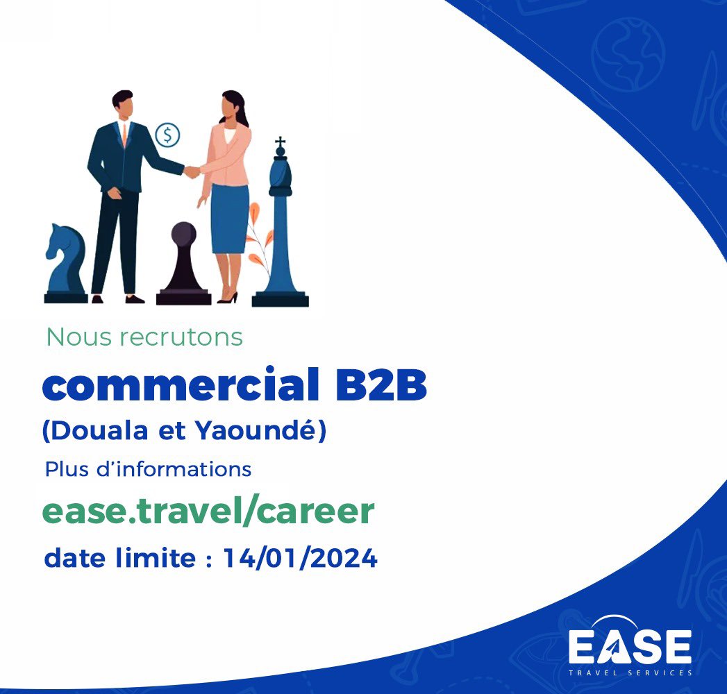 EaseTravelServ's tweet photo. Nous recrutons des Commerciaux B2B pour nos bureaux à Douala et à Yaoundé
Toutes les informations relatives au poste disponibles ici 👉 https://t.co/wpEm7DAf2N
⏳ Date limite : 14/01/2024
👇🏾 TRÈS IMPORTANT 🛑 https://t.co/hb1gF18fAd