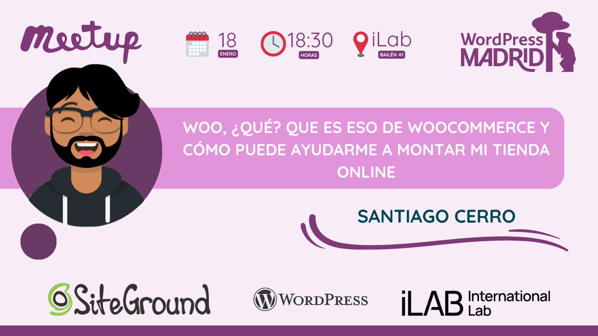 El próximo jueves 18 de Enero tenemos con nosotros a <a href="/sacerro_rocks/">Santiago Cerro López</a> un miembre de nuestra meetup, desarrollador (y con buen gusto para las camisetas 😋) que nos va a hablar de #WooCommerce 

Recordad que es a las 18.30 en <a href="/iLABMadrid/">International Lab</a> 

Apúntate rai nau:
meetup.com/wordpress-madr…