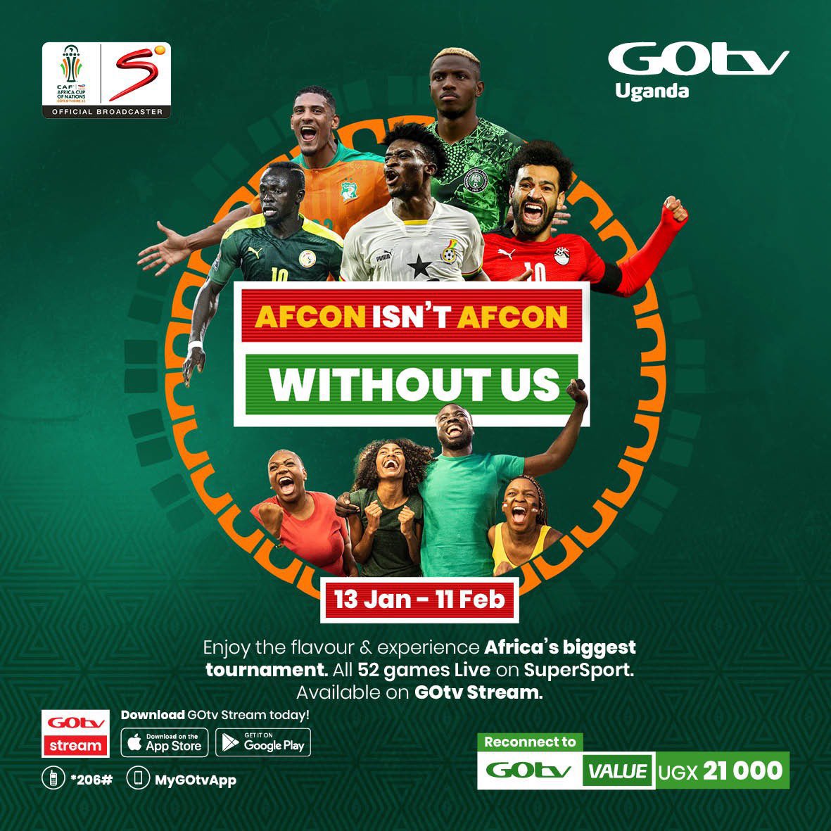 Mugibson's tweet image. Starting Jan 13, it is going to be raining goals, free kicks etc as #AFCON2023 kicks off and @GOtvUganda will be broadcasting all 52 games LIVE and in HD.

Do not be left behind, install the #GOtvStream gotvguide.page.link/install to catch all of them on the go then. #ItsYourMoment
