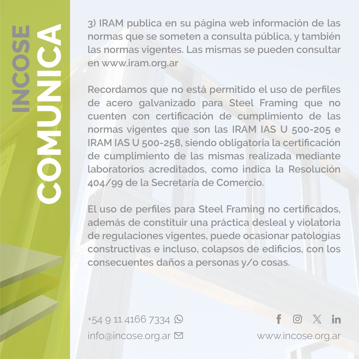 infoincose's tweet photo. 📢COMUNICADO IMPORTANTE El uso de perfiles para Steel Framing no certificados constituye una práctica desleal y violatoria de regulaciones vigentes.
#construccionenseco #steelframing #steelframe 
#construccion #arquitectura #ingenieria
#acero #perfil #normas https://t.co/8dmyk37ksj