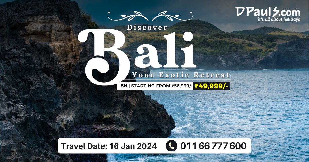 dpauls_travel's tweet photo. Discover Bali - Your Exotic Retreat Awaits! 5 Nights Package from Rs. 49999/-
Includes: Airfare, Stay, Sightseeing, Transfers, Etc.
For more details, Call us now at 011-66777600
#DPauls_Travel #BaliGetaway #TravelDeals #BaliPackage #BaliTrip #BaliRetreat #Bali #TourPackage https://t.co/ihSFcO5ZAl