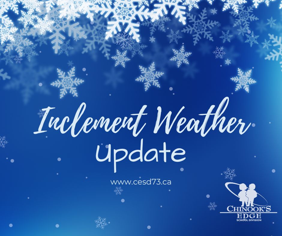 cesd73's tweet photo. Jan 11 – As per AP 1-13, today is an inclement weather Yellow Day. Buses are not running in Chinook’s Edge today but our schools are open and classes are being held. Please check Google Classroom or email for alternate learning activities if your child is unable to attend school. https://t.co/dMqtpfjavY